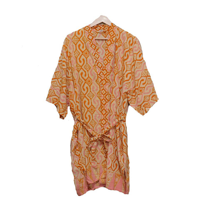 Hand Dyed Batik Robe Kimono, 100% Cotton Soft, Orange Pink Sunset Mosaic