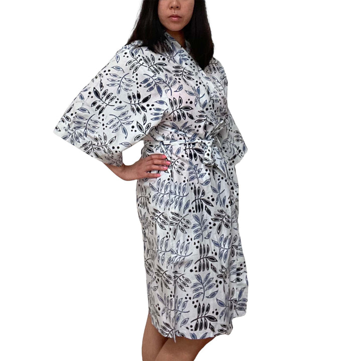 Hand Dyed Batik Robe Kimono, 100% Cotton, White Blue, Floral, Leaf Tamarind