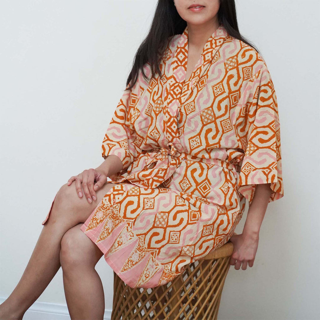 Hand Dyed Batik Robe Kimono, 100% Cotton Soft, Orange Pink Sunset Mosaic