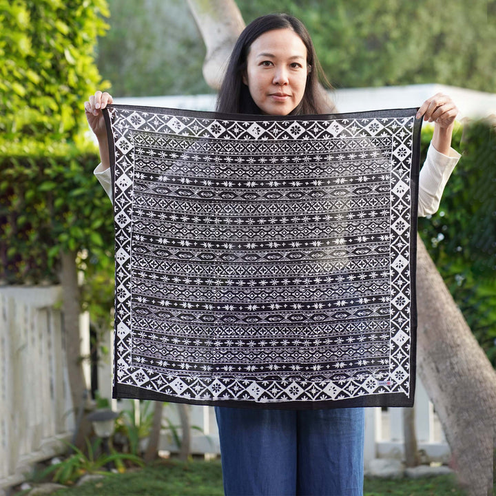 Large 27" Batik Bandana, Hand Dyed, 100% Soft Cotton, Geometric Black & White, XL