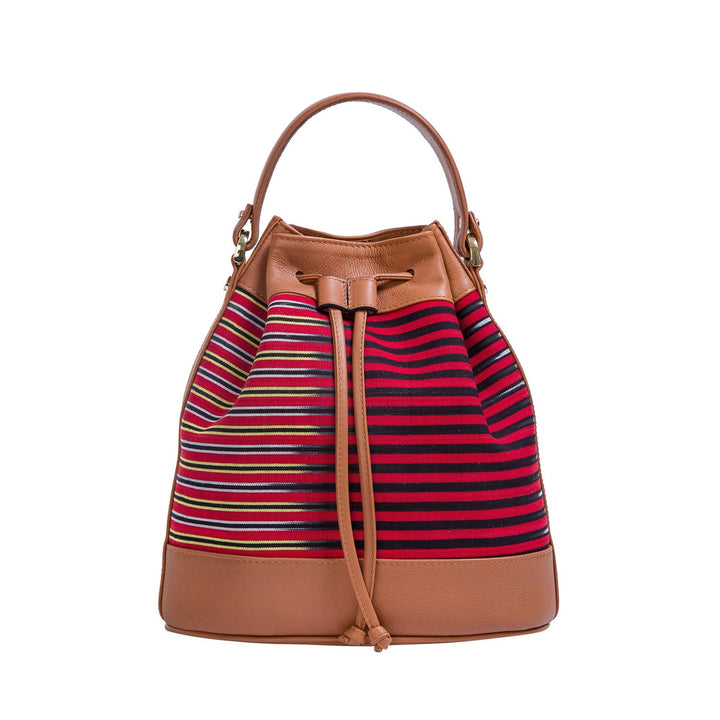 Brown Leather & Striped Fabric Pattern Convertible Bag