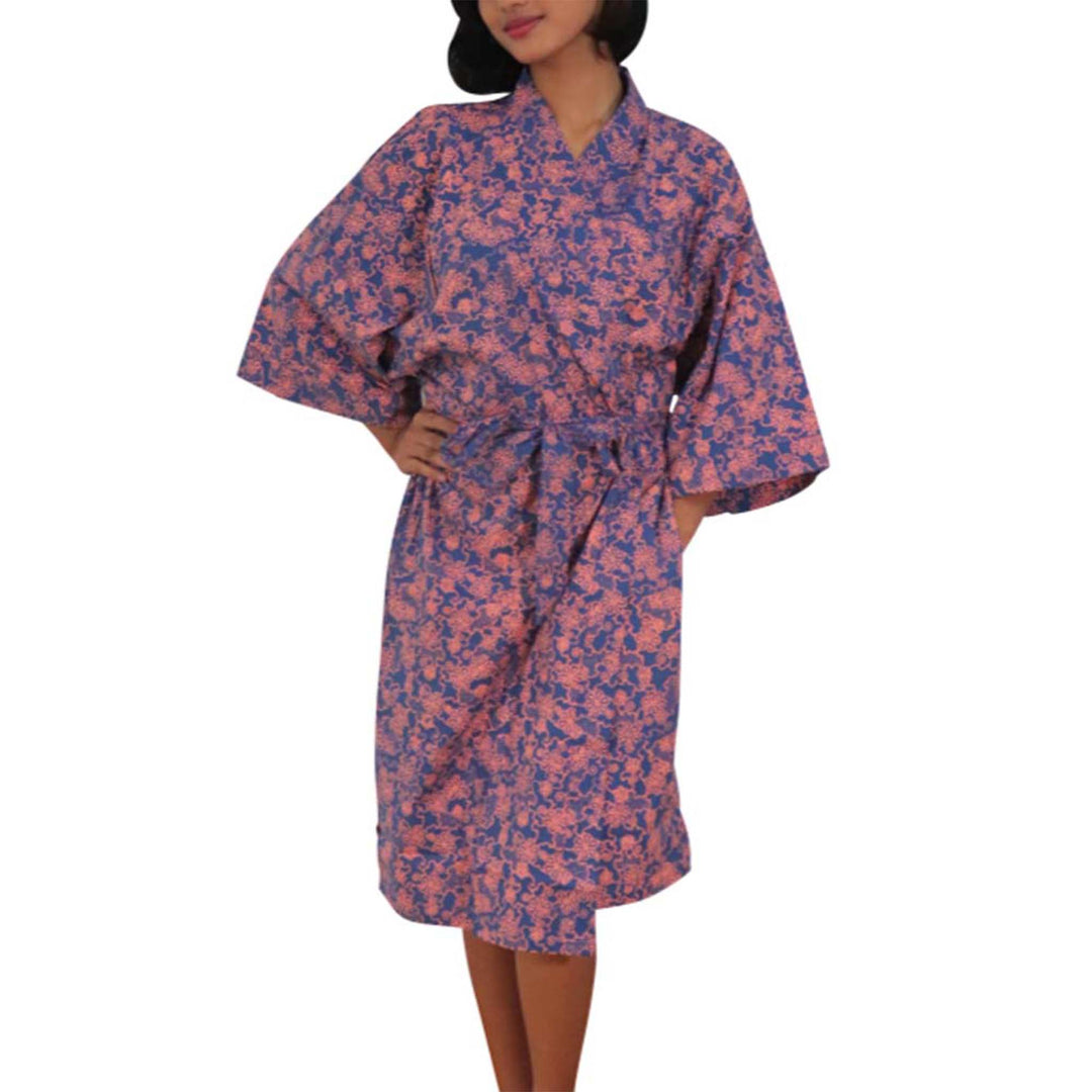 Handmade Batik Robe Kimono, Pink Blue Mangosteen, Lightweight Cotton Ladies