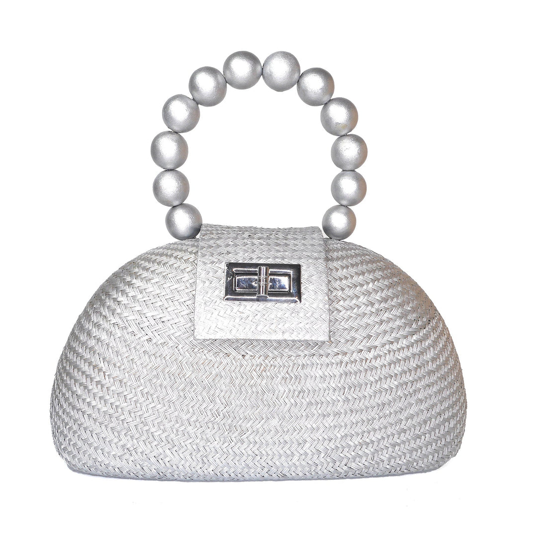 THE ORLA Silver Woven Straw & Wooden Bead Statement Clutch Bag