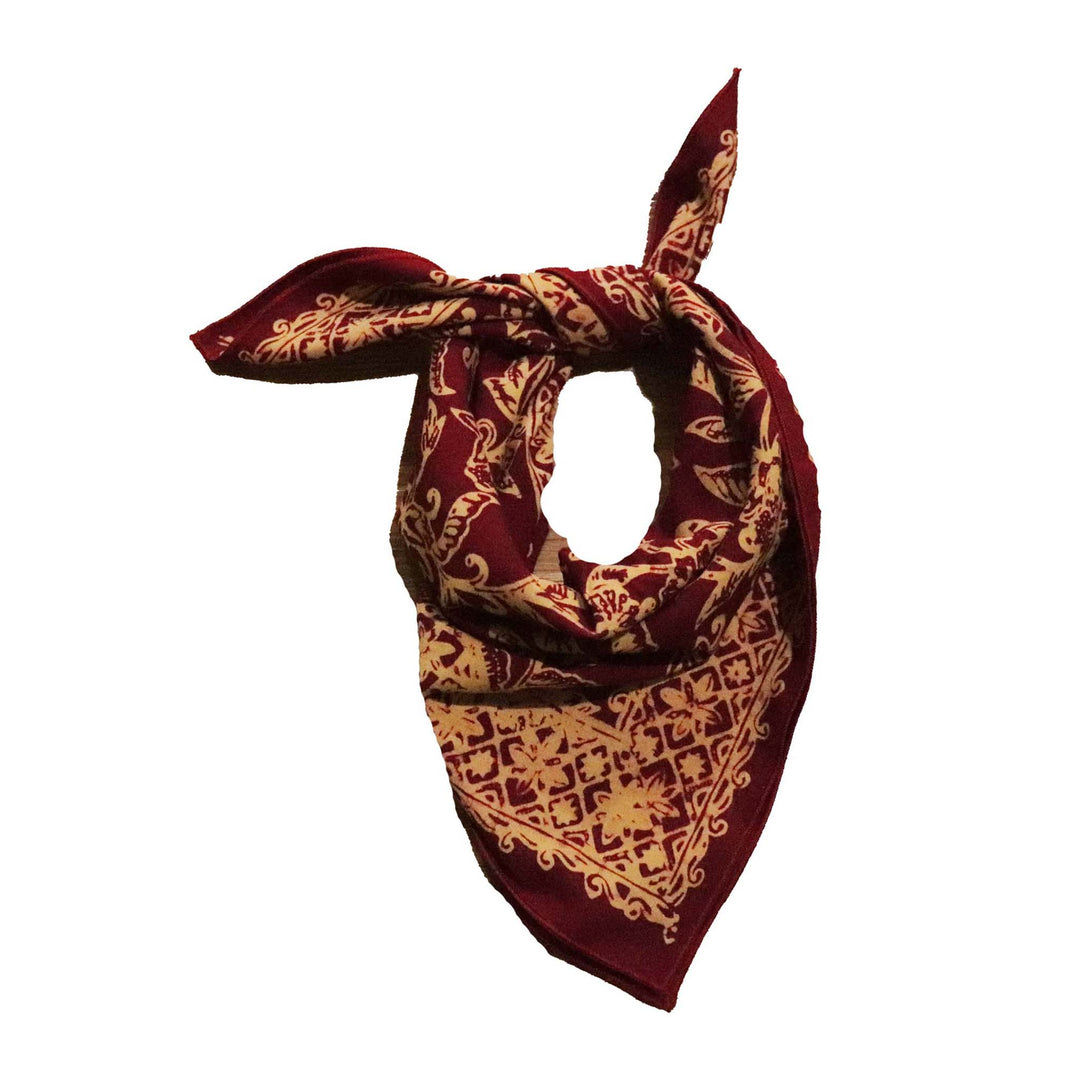 Small 18", Hand Dyed Batik Bandana, 100% Soft Cotton, Burgundy Golden Cherish, Red Yellow, Hair Scarf Wrap