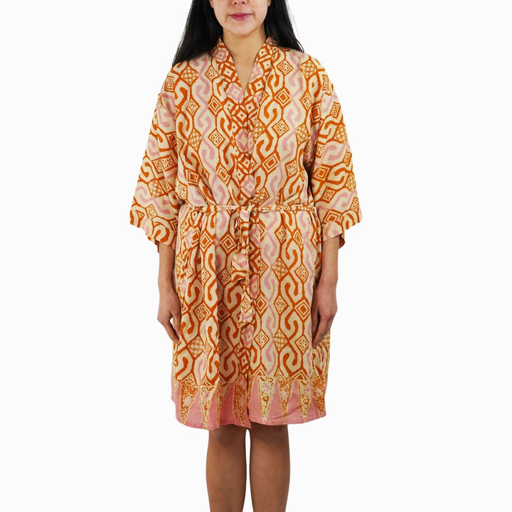 Hand Dyed Batik Robe Kimono, 100% Cotton Soft, Orange Pink Sunset Mosaic