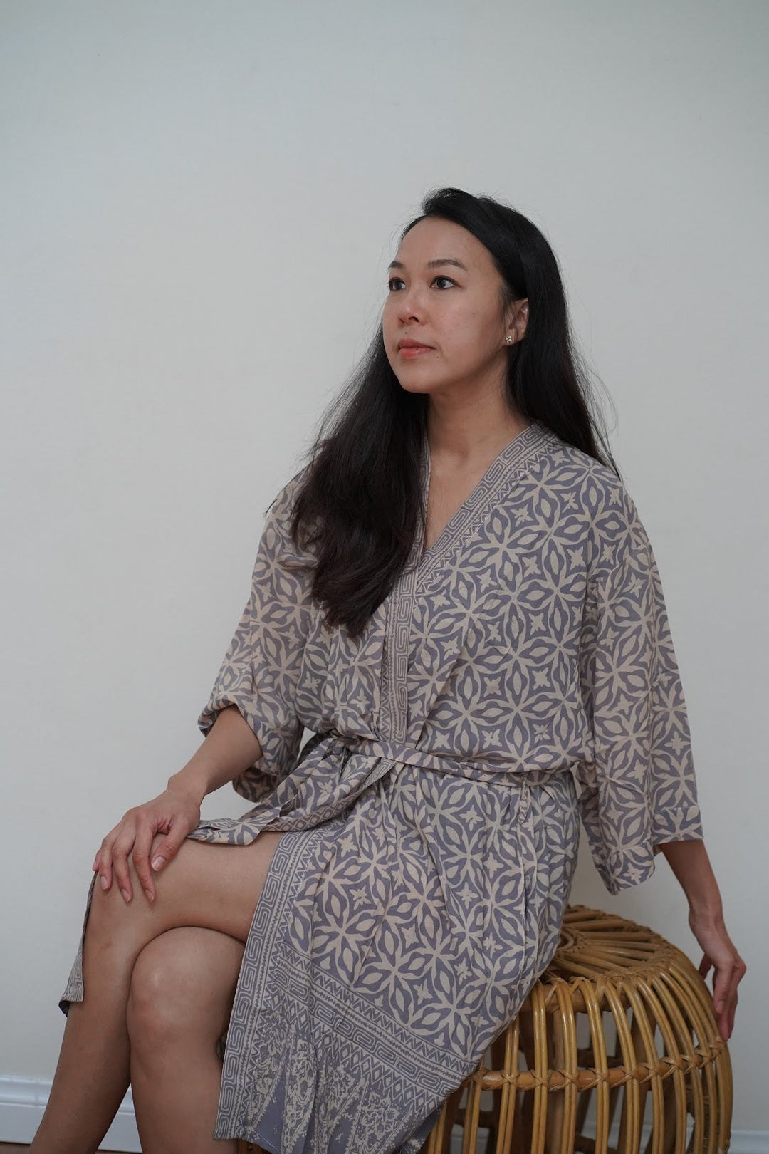 Handmade Batik Robe Kimono, 100% Cotton Soft, Gray White Harmony