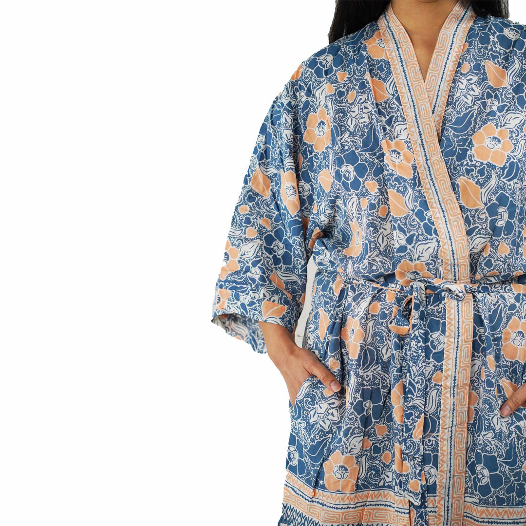 Hand Dyed Batik Robe/ Kimono, Cotton Soft, Sunset Sky, Blue, Orange