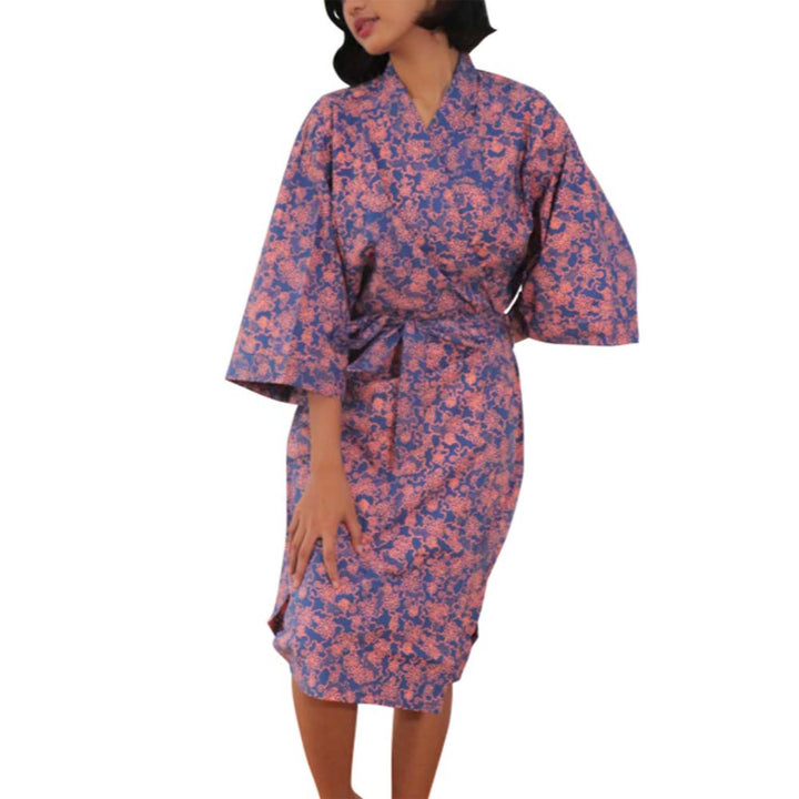 Handmade Batik Robe Kimono, Pink Blue Mangosteen, Lightweight Cotton Ladies