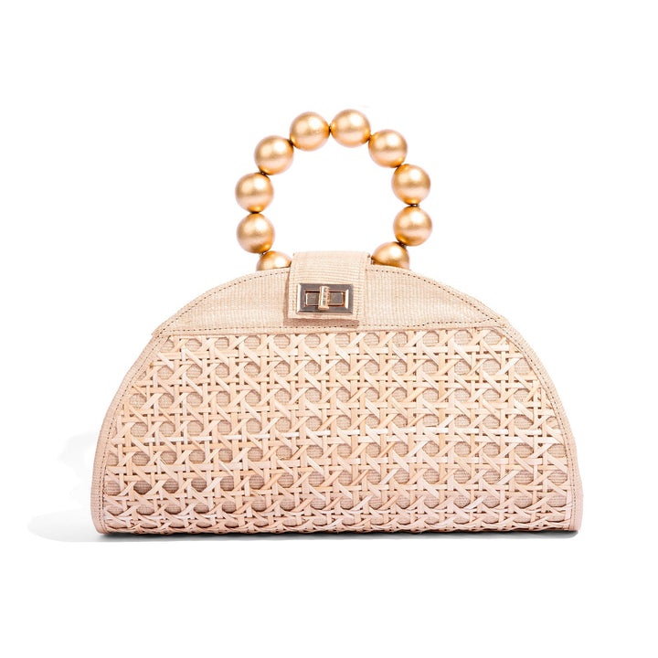 THE ISABELLA Tan Rattan Solihiya Weave and Gold Bead Top Handle Statement Bag