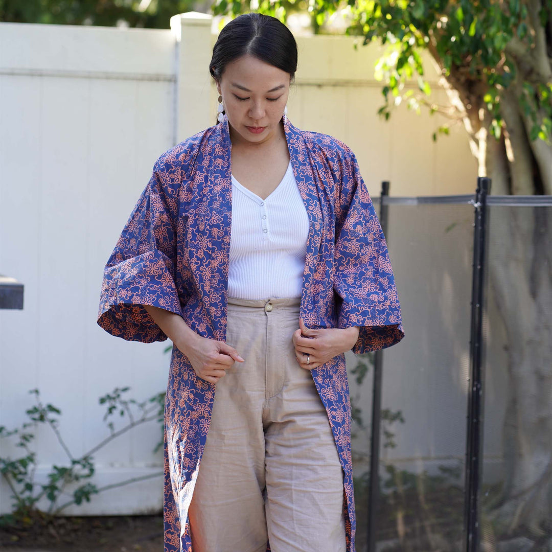 Handmade Batik Robe Kimono, Pink Blue Mangosteen, Lightweight Cotton Ladies