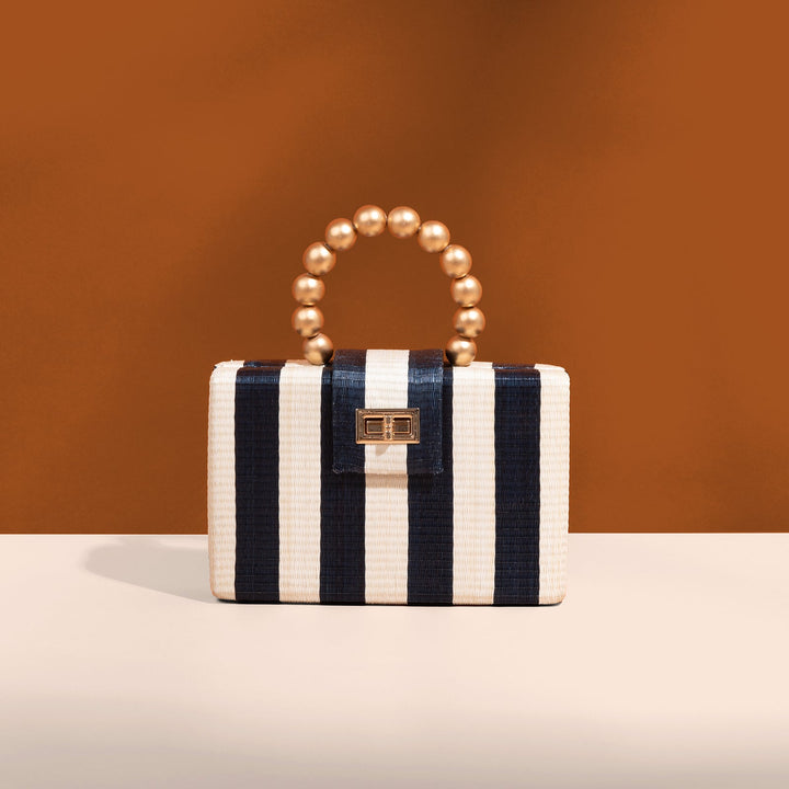 THE LOUISA Blue & Cream Stripe Woven Straw Clutch Bag