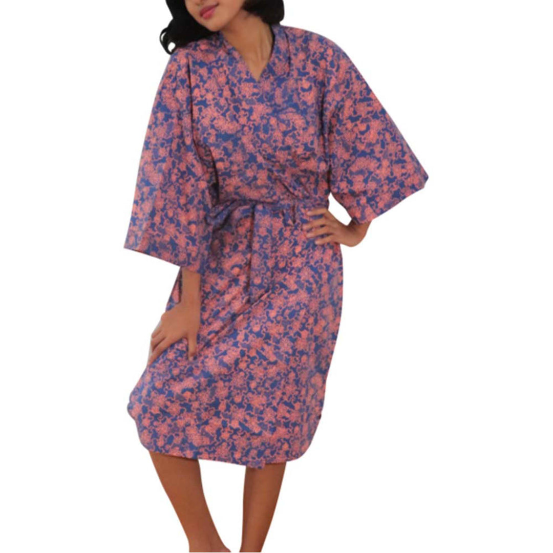 Handmade Batik Robe Kimono, Pink Blue Mangosteen, Lightweight Cotton Ladies