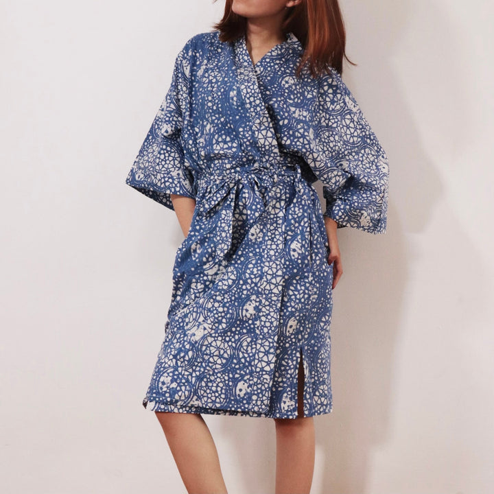 Handmade Batik Robe/ Kimono, Blue Stone, Hand Dyed, 100% Cotton