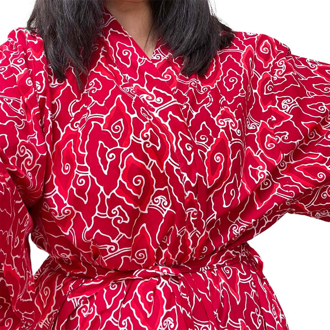 Hand Dyed Batik Robe Kimono, 100% Cotton, Red Storm, Burgundy