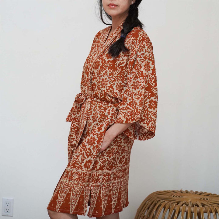 Handmade Batik Robe Kimono, 100% Cotton Soft Lightweight, Orange, Fall, Autumn, Yellow, Sunflowers