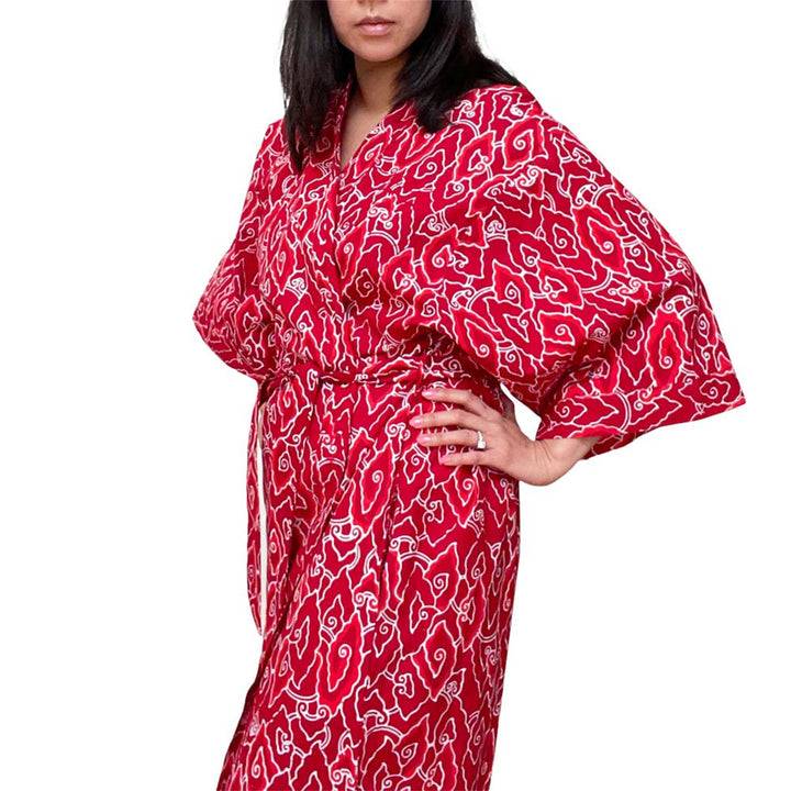 Hand Dyed Batik Robe Kimono, 100% Cotton, Red Storm, Burgundy