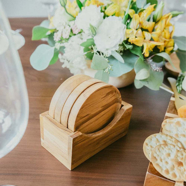 Handmade Teak Wood Coaster Set of Four, Bar Mat, Mid Century Glass Mats, with Holder