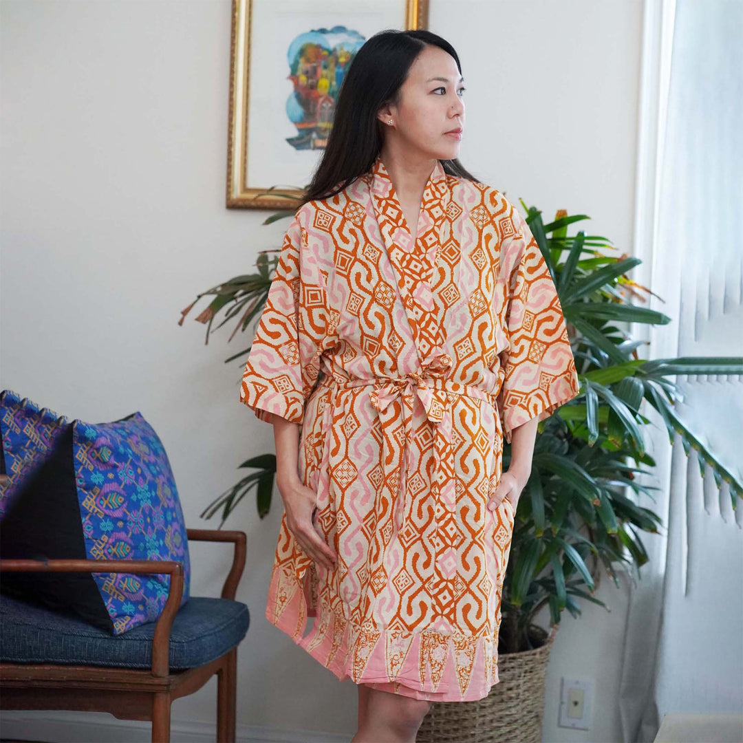 Hand Dyed Batik Robe Kimono, 100% Cotton Soft, Orange Pink Sunset Mosaic