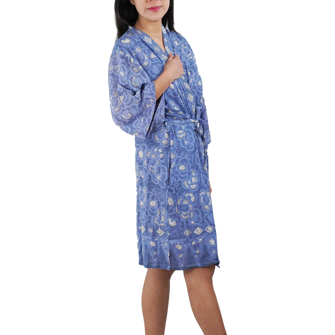 Hand Dyed Batik Robe/ Kimono, Cotton Soft, Blue Roses, Floral, House Duster