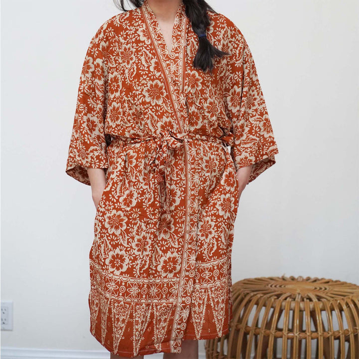 Handmade Batik Robe Kimono, 100% Cotton Soft Lightweight, Orange, Fall, Autumn, Yellow, Sunflowers