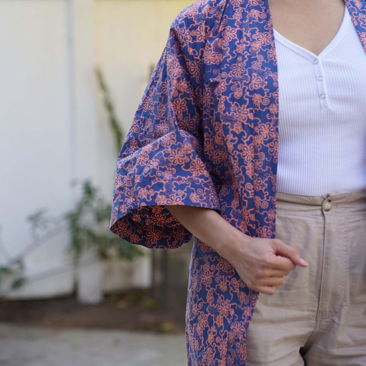 Handmade Batik Robe Kimono, Pink Blue Mangosteen, Lightweight Cotton Ladies