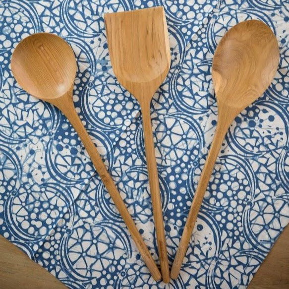 Set of 3 Cooking Kitchen Utensils Teak Wood 14inches ( two spoons and one spatula)