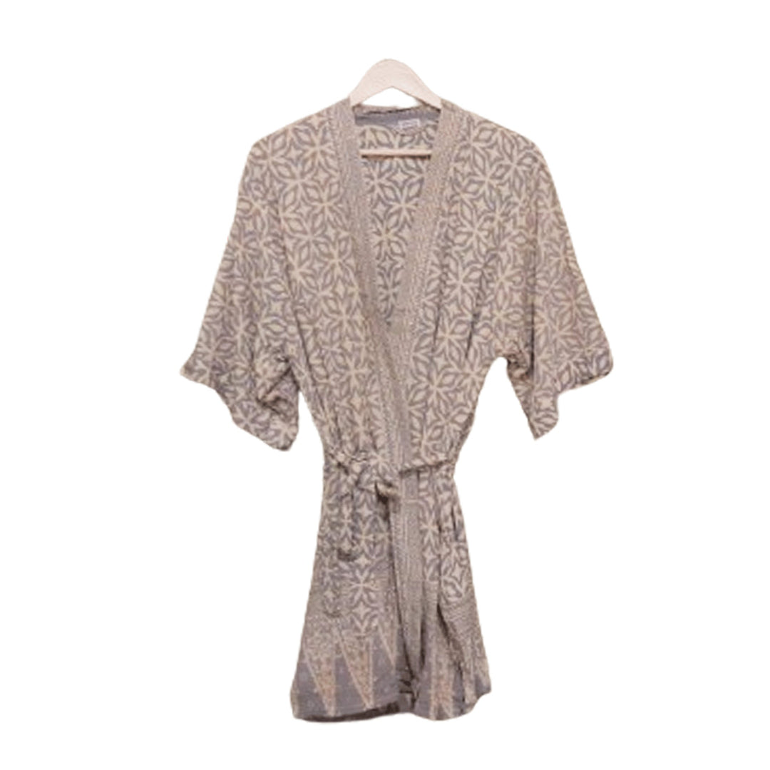 Handmade Batik Robe Kimono, 100% Cotton Soft, Gray White Harmony