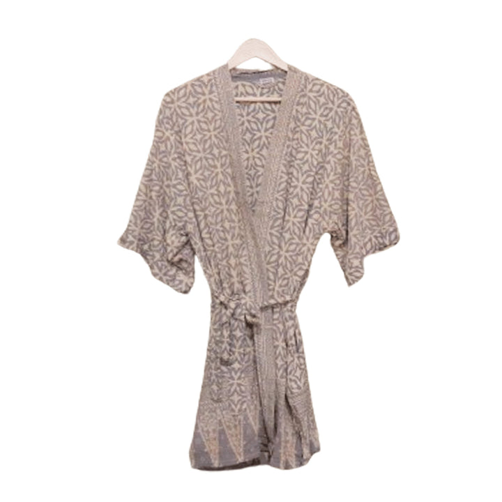 Handmade Batik Robe Kimono, 100% Cotton Soft, Gray White Harmony