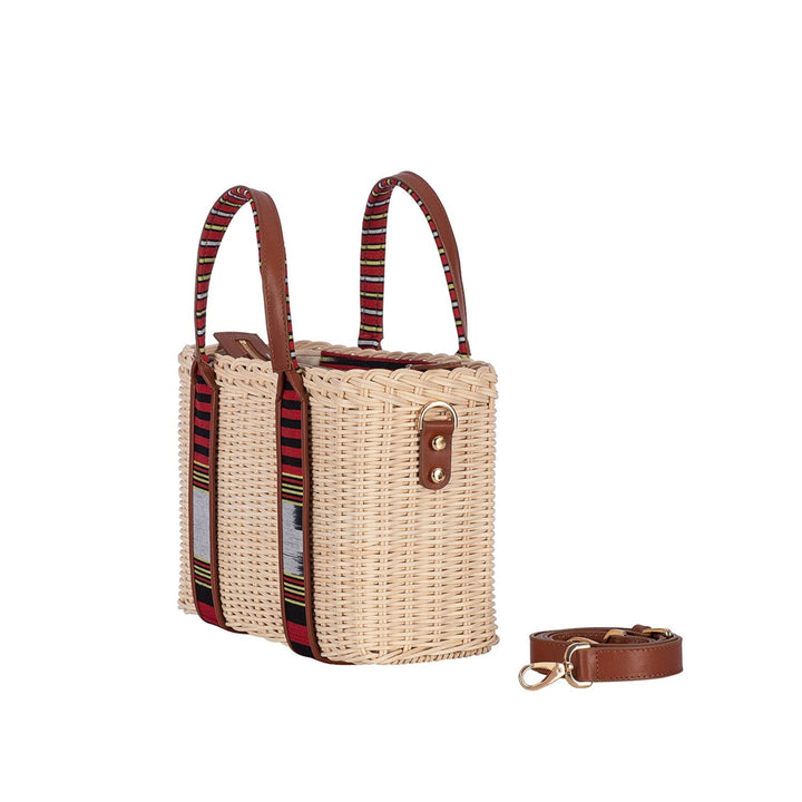 Woven Straw Handbag with Brown Leather Trimmed Handles