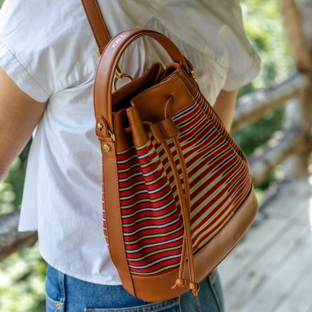 Brown Leather & Striped Fabric Pattern Convertible Bag