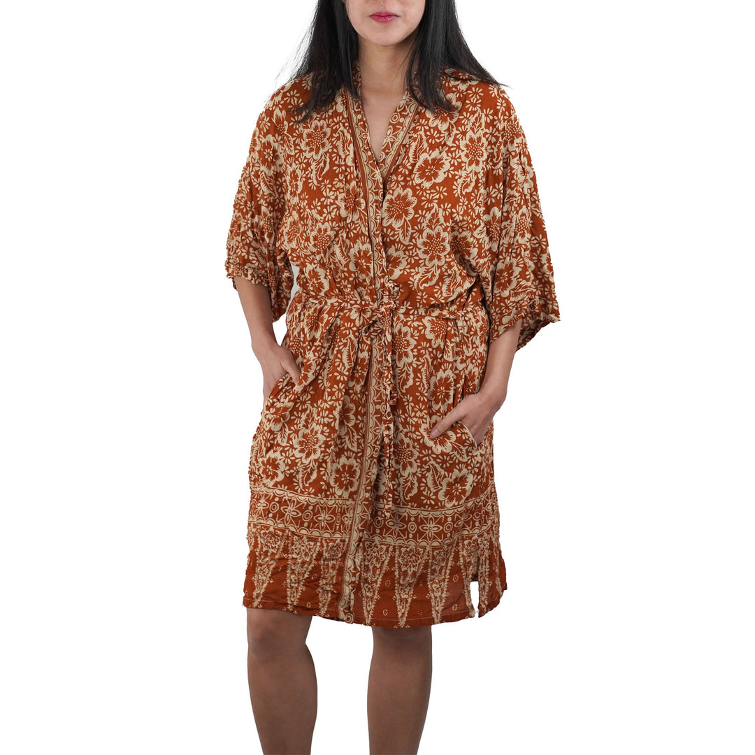 Handmade Batik Robe Kimono, 100% Cotton Soft Lightweight, Orange, Fall, Autumn, Yellow, Sunflowers