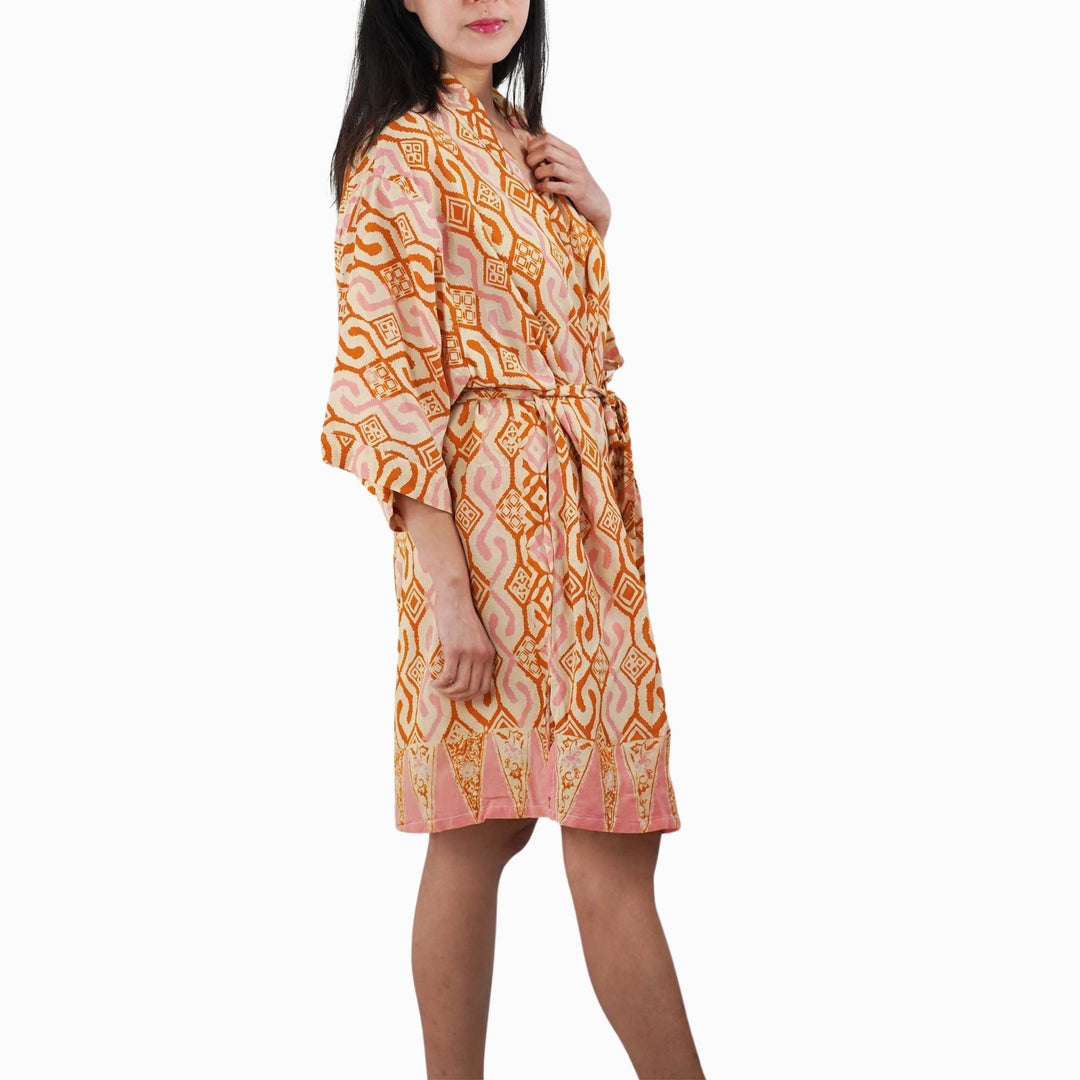 Hand Dyed Batik Robe Kimono, 100% Cotton Soft, Orange Pink Sunset Mosaic