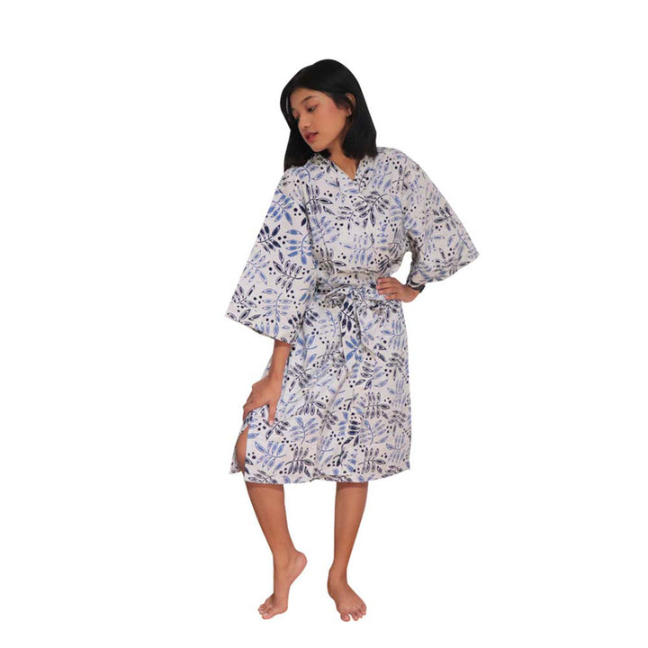 Hand Dyed Batik Robe Kimono, 100% Cotton, White Blue, Floral, Leaf Tamarind