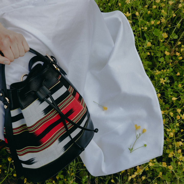 Black Leather & Fabric Pattern Convertible Bag