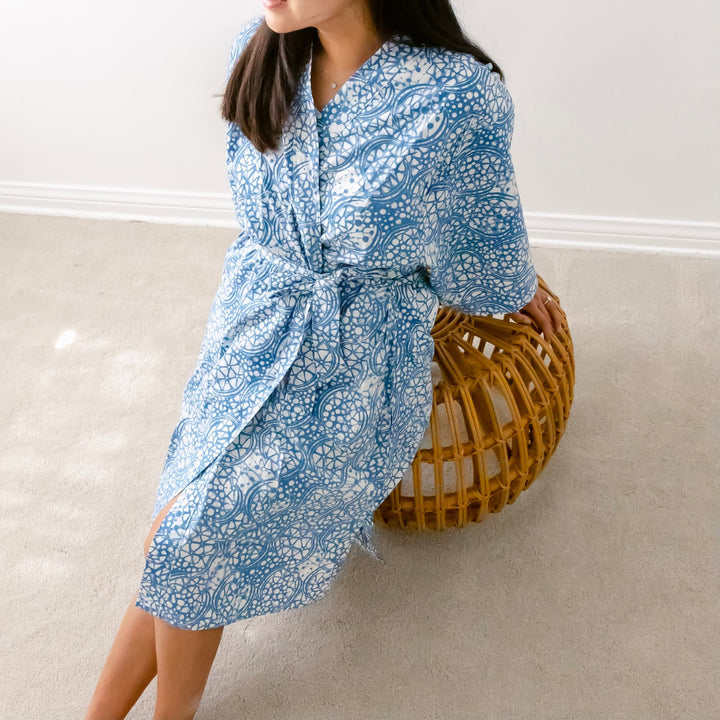 Handmade Batik Robe/ Kimono, Blue Stone, Hand Dyed, 100% Cotton