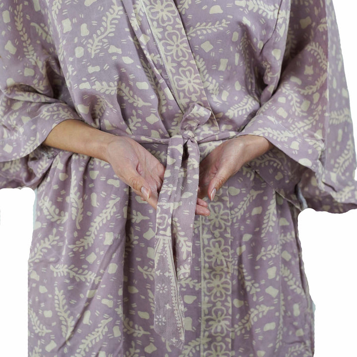 Hand Dyed Batik Robe Kimono, 100% Cotton Soft, Purple Lilac Lavender