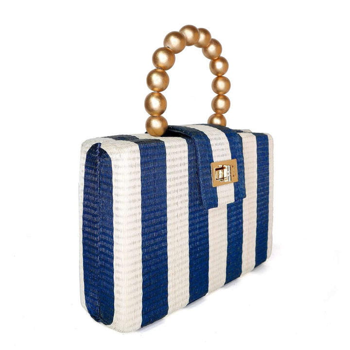 THE LOUISA Blue & Cream Stripe Woven Straw Clutch Bag