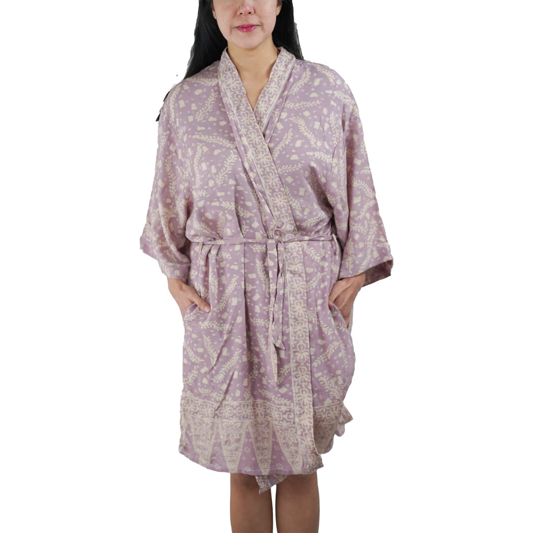 Hand Dyed Batik Robe Kimono, 100% Cotton Soft, Purple Lilac Lavender