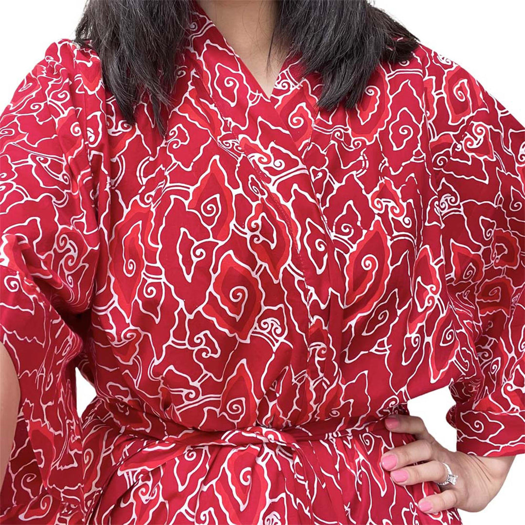 Hand Dyed Batik Robe Kimono, 100% Cotton, Red Storm, Burgundy