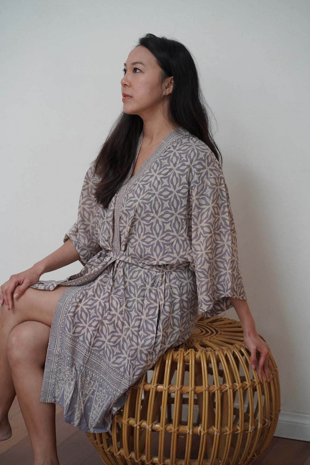 Handmade Batik Robe Kimono, 100% Cotton Soft, Gray White Harmony