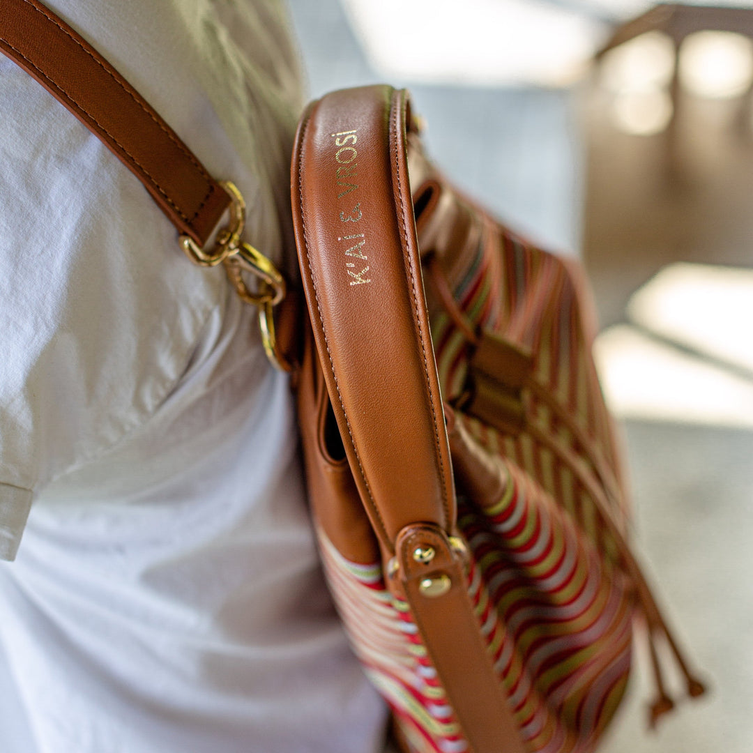 Brown Leather & Striped Fabric Pattern Convertible Bag