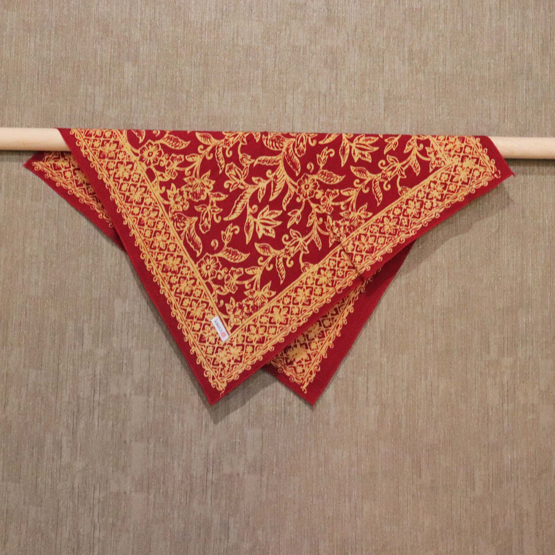 Small 18", Hand Dyed Batik Bandana, 100% Soft Cotton, Burgundy Golden Cherish, Red Yellow, Hair Scarf Wrap