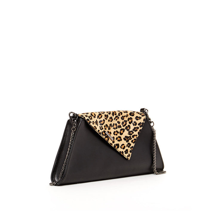 SUSU Black Leather Clutch Bag Leopard Unique Evening Purse Women's Handbag