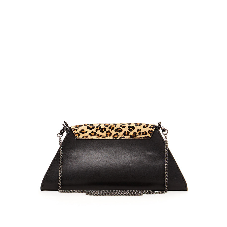 SUSU Black Leather Clutch Bag Leopard Unique Evening Purse Women's Handbag