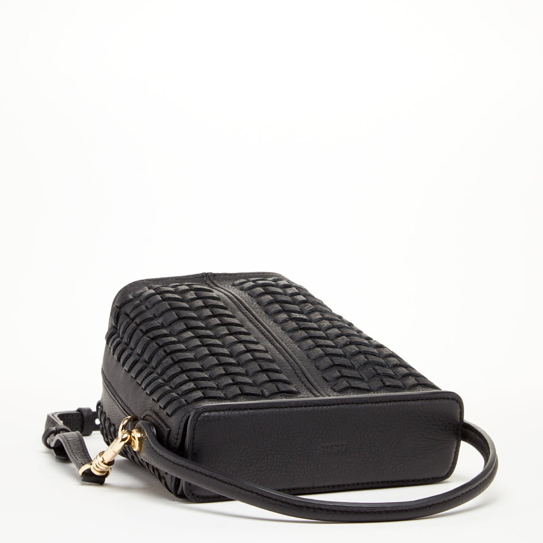 SUSU Woven Leather Bucket Bag Quilted Black Crossbody Purse Women's Handbag