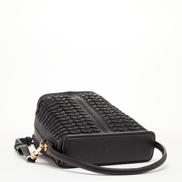 SUSU Woven Leather Bucket Bag Quilted Black Crossbody Purse Women's Handbag