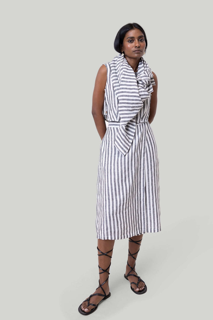 Overlap Midi Skirt in Linen Stripes