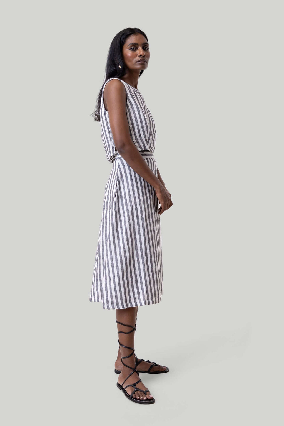 Overlap Midi Skirt in Linen Stripes