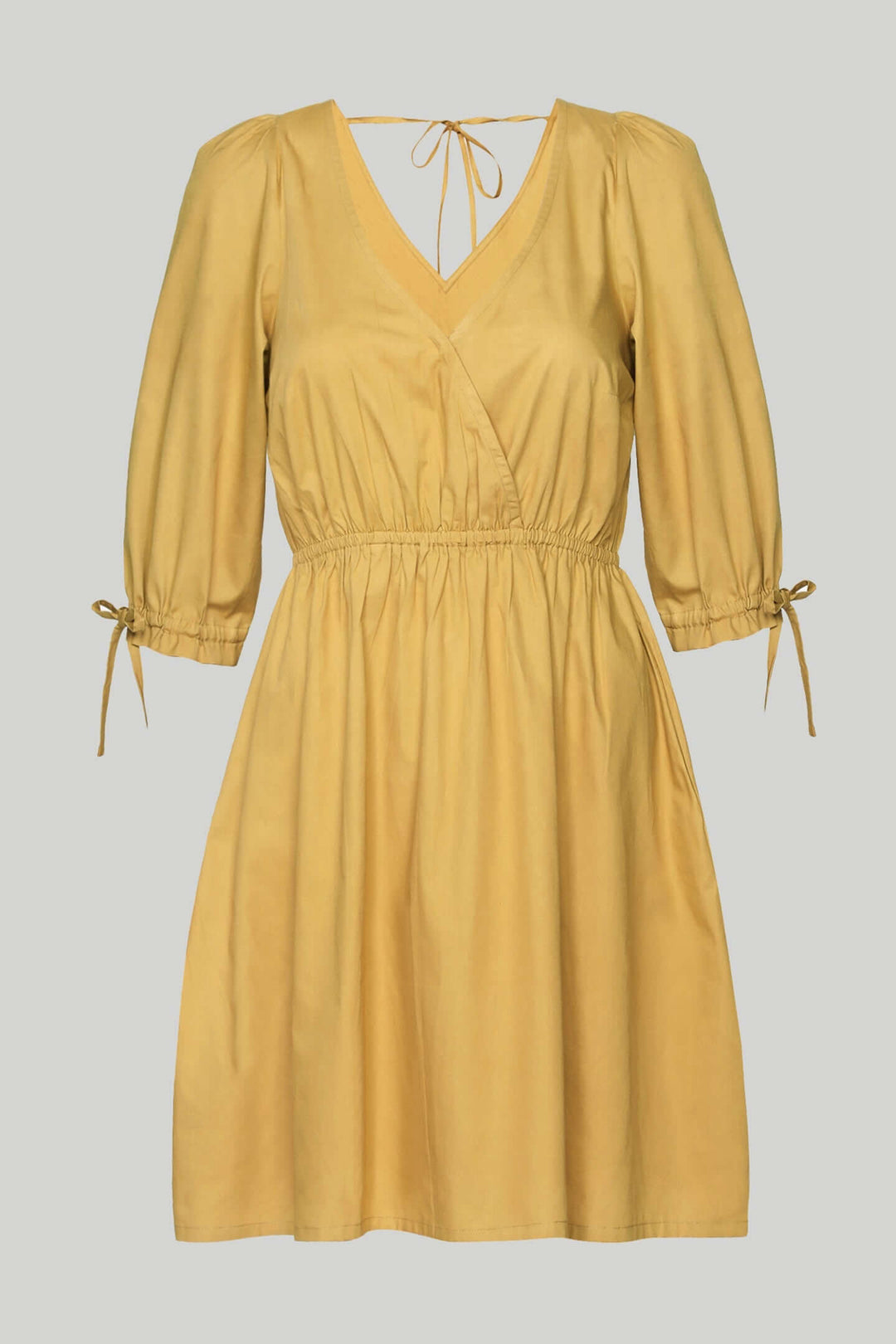 Gathered Elbow Sleeve Short Dress in Mustard