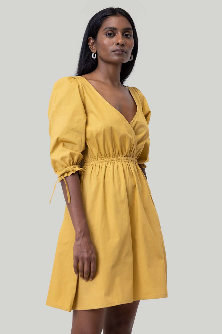 Gathered Elbow Sleeve Short Dress in Mustard